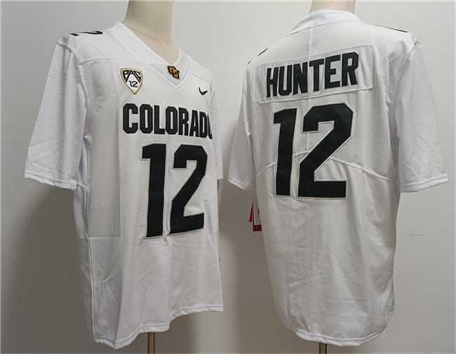 Mens Colorado Buffaloes #12 Travis Hunter White With PAC-12 Patch Stitched Football Jersey